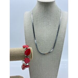 Vintage Trifari Silver Tone Herringbone Necklace & Lisner Red Cabochon Bracelet